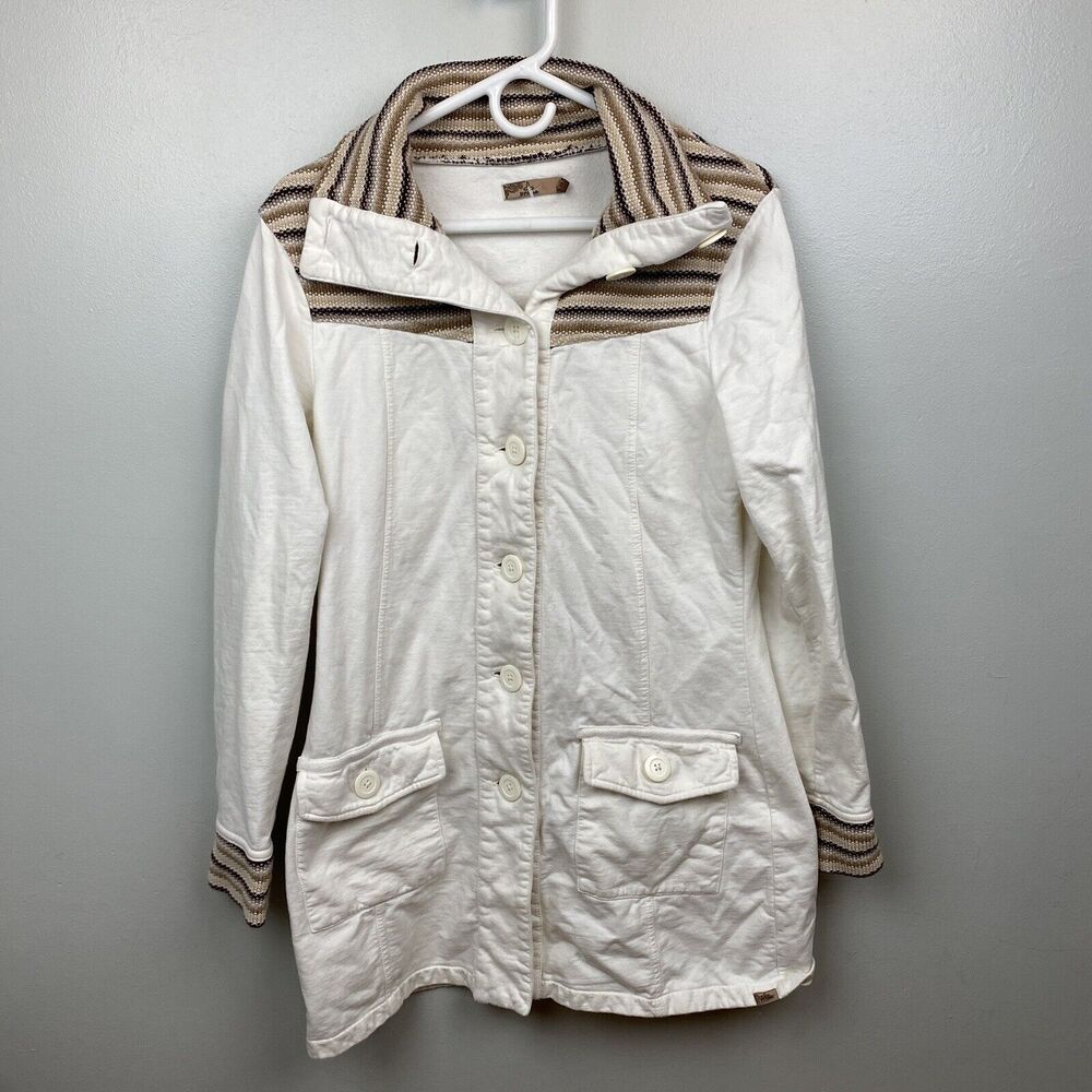 Prana Womens Large L Fleece Lined Rowen Jacket Off White Midweight Cotton Button